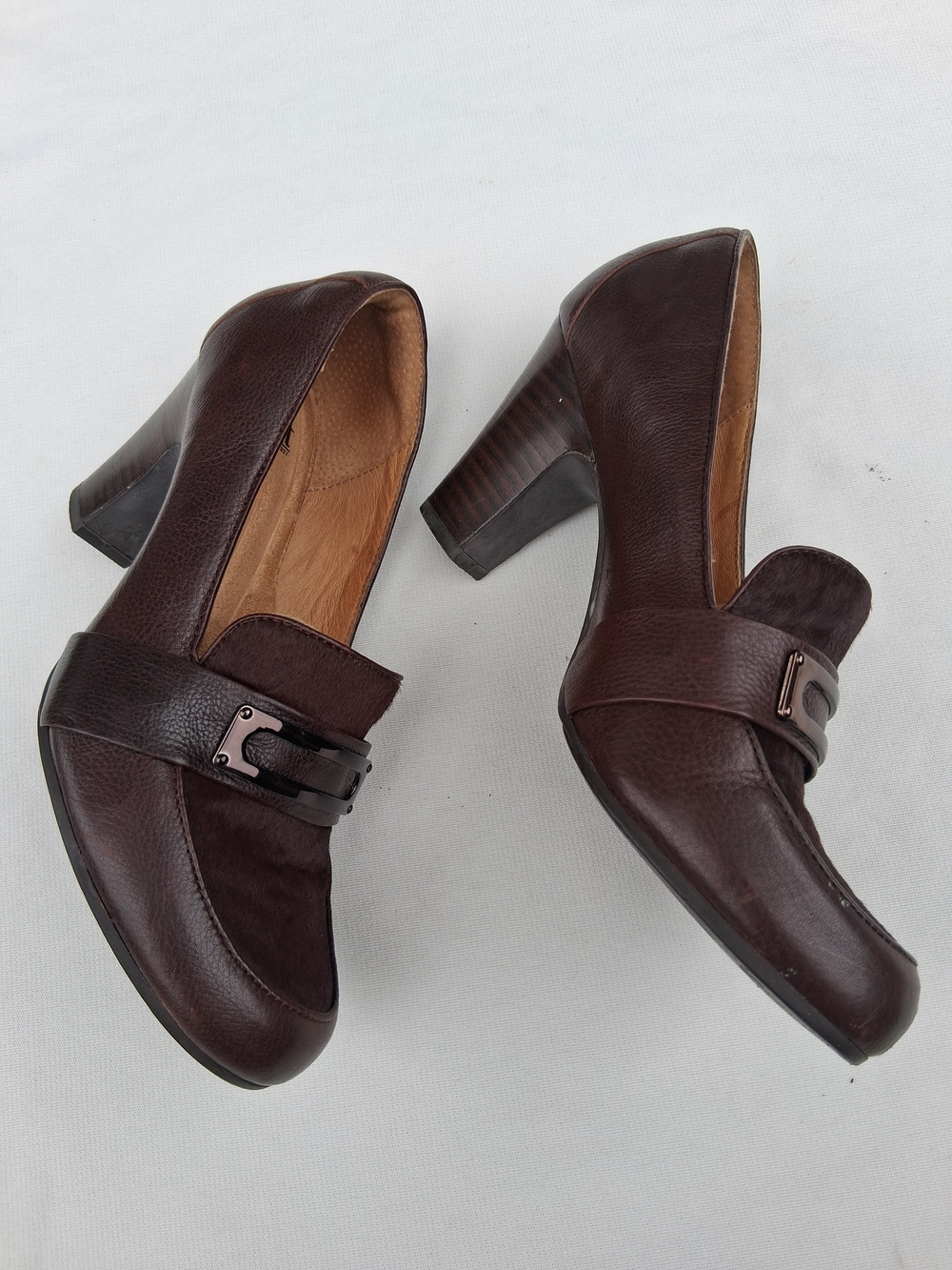 Sofft Dark Brown Leather Block Heel Loafers with Buckle